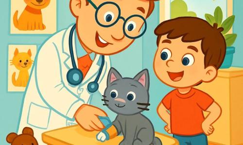 Ein junger Mann, der Tierarzt Herr Müller, lächelt begeistert und trägt ein strahlend weißes Outfit, ein Stethoskop um den Hals und runde Brillen. Er beugt sich freundlich zu einer kleinen grauen Katze namens Lilli, die einen bunten Verband um ihr Bein hat. Neben ihm steht ein 8-jähriger Junge, Emil, mit braunen Haaren und funkelnden Augen, der fasziniert zuschaut, mit den Händen in den Hüften und auf den Zehenspitzen. Die Szene spielt sich in einem charmanten kleinen Tierarztzimmer ab, mit pastellblauen Wänden, bunten Tierpostern und verstreuten Kinderspielzeugen auf dem Boden. Im Hintergrund lässt ein Fenster Sonnenlicht herein, das den warmen Raum erhellt. In dieser Hauptsituation versorgt Herr Müller Lilli, die verletzte Katze, indem er einen Verband anlegt und Emil erklärt, wie man sich um Tiere kümmert. Die Atmosphäre ist fröhlich und neugierig, mit visuellen Details wie Plüschspielzeugen und grünen Pflanzen, die der Szene Leben verleihen.