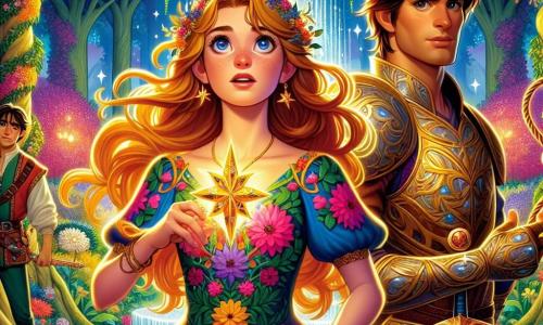 Elara, una joven con cabello dorado y ojos azules brillantes, se encuentra en el centro de un jardín mágico, sonriendo con asombro. Lleva un vestido ligero de colores vivos con motivos florales y sostiene un medallón en forma de estrella. A su lado, Aquiles, un hombre fuerte de unos 30 años con armadura brillante y cabello castaño, la protege con una espada reluciente y una mirada decidida. Un poco más lejos, Teseo, un joven de unos 25 años con cabello negro y ojos oscuros, observa a Elara con admiración, vestido con una túnica simple y sosteniendo una cuerda, símbolo de su inteligencia. El jardín está lleno de flores brillantes, árboles dorados y una fuente resplandeciente que emite agua clara. Elara, rodeada de sus amigos, está lista para enfrentar un desafío mágico con criaturas fantásticas y sombras misteriosas de fondo, simbolizando las aventuras que la esperan.