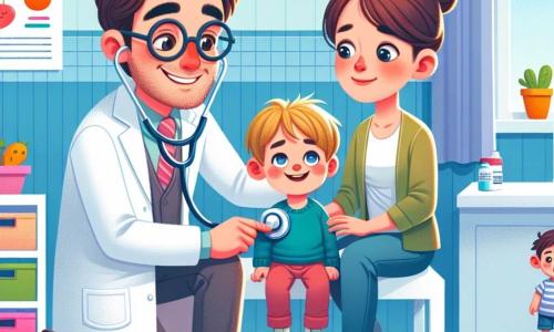 Un medico uomo, il dottor Paolo, sorridente e benevolo, indossa un camice bianco e un stetoscopio al collo. Ha i capelli castani e occhiali tondi, e ascolta attentamente il cuore di un bambino di circa 5 anni, Luca, che ha i capelli biondi e gli occhi azzurri. Luca è seduto su un tavolo di visita, un po' timido ma sorridente. Nella stanza c'è anche la mamma di Luca, una donna di una trentina d'anni, con capelli castani e un sorriso rassicurante, che tiene la mano di suo figlio. La sala di consultazione è luminosa, con pareti dipinte di azzurro chiaro, poster colorati di frutta e verdura, e giocattoli sparsi sul pavimento. La scena principale mostra il dottor Paolo mentre esamina Luca, che tossisce leggermente, mentre la mamma osserva con uno sguardo pieno d'amore e preoccupazione.