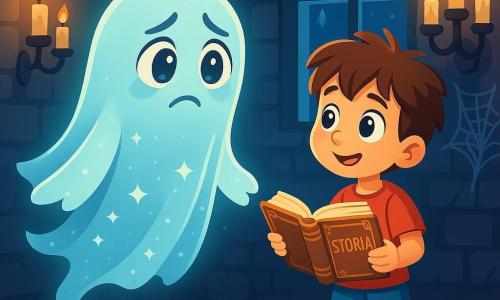 Un fantasma translucido, con un'aura dolce e luminosa, fluttua nell'aria. Il suo viso è triste ma pieno di speranza, con grandi occhi brillanti e un sorriso timido. Indossa un drappeggio etereo che scintilla come stelle. Accanto a lui c'è Matteo, un ragazzo di 10 anni con capelli castani disordinati e occhi pieni di curiosità. Indossa una maglietta rossa e pantaloni corti blu, tiene un libro antico tra le mani, guardando il fantasma con un misto di meraviglia e compassione. La scena si svolge nel misterioso Castello degli Spiriti, con muri di pietra grigia, ragnatele sospese negli angoli e candelabri tremolanti che proiettano ombre danzanti. Finestre rotte lasciano entrare una luce lunare che illumina la stanza con un bagliore magico. Il fantasma e Matteo si trovano faccia a faccia, condividendo un momento di connessione, mentre il fantasma esprime il desiderio di non spaventare più le persone. L'atmosfera è tesa ma piena di speranza, con un tocco di magia nell'aria.