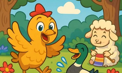 Una gallina alegre llamada Pepita, con plumas doradas y un pequeño sombrero rojo, salta de alegría en medio de un claro soleado, con sus ojos brillando de curiosidad. A su lado, un pato llamado Ramón, con plumas blancas y negras, salpica el agua de un estanque cercano, riendo con entusiasmo. Más lejos, una dulce oveja llamada Lola, con lana rizada y una cálida sonrisa, admira flores coloridas mientras teje una bufanda. El lugar es un bosque encantado, lleno de árboles de troncos gruesos, flores brillantes y un cielo azul salpicado de nubes esponjosas. Pepita y sus amigos están listos para explorar las maravillas del bosque, ansiosos por descubrir animales que hablan y historias divertidas para compartir.