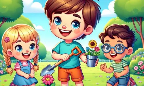 A 6-year-old boy, Leo, with messy brown hair and a big smile, is planting a colorful flower in a sunny park. He is wearing a blue t-shirt and orange shorts, and his eyes are filled with joy and excitement. Next to him, Mia, a 6-year-old girl with braided blonde hair, is wearing a pink dress and holding a small shovel, ready to help him. Sam, a 6-year-old boy with glasses and brown hair, is slightly back, holding a colorful sign that says "Protect our planet!" The park is lush, with majestic trees, vibrant flowers, and a clear blue sky dotted with a few white clouds. In the background, children are playing and laughing while adults cheer them on. The main scene shows Leo and his friends working together to plant flowers and clean the park, symbolizing their commitment to protecting the environment and fighting climate change.