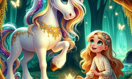 In the center of the image, a beautiful unicorn named Luna stands proudly. Her coat is a brilliant white, and her mane sparkles with rainbow colors, gently floating in the breeze. Her large, bright eyes express a sweet determination as she looks hopefully at the heart of the forest. Next to her, a little girl named Lila, about 8 years old, is full of wonder. She has long golden hair cascading in waves around her smiling face. She wears a light floral-patterned dress and kneels, reaching out towards the heart of the forest, a magical object glowing with golden light. The setting is an enchanted forest, with majestic trees featuring emerald green leaves, colorful flowers dancing in the wind, and a path of daisies leading to a sparkling cave in the background. Fireflies illuminate the air, adding a touch of magic to the atmosphere. The main scene shows Lila and Luna, united in their quest, preparing to place the heart of the forest on a pedestal made of sparkling stones, symbolizing hope and joy restored in their fantastical world.