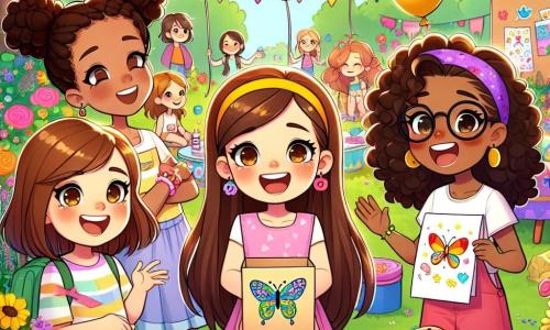 There are four girls, all about 10 years old. Emily, with brown hair and a yellow headband, smiles joyfully while holding a large box of cookies. Mia, with curly hair and sparkling eyes, laughs while holding a colorful sign announcing the sale. Ava, with brown hair and ink stains on her fingers, proudly shows a butterfly drawing hanging on a table. Zoey, with glasses and straight hair, observes the group attentively, ready to ask questions. The setting is a sunny garden filled with colorful flowers and tables decorated with bright tablecloths. Balloons float in the air, and children play around, creating a joyful and welcoming atmosphere. The main scene shows the four friends, surrounded by neighbors and children, selling cookies, drawings, and toys to help their new friend Lily, who stands aside with grateful eyes.
