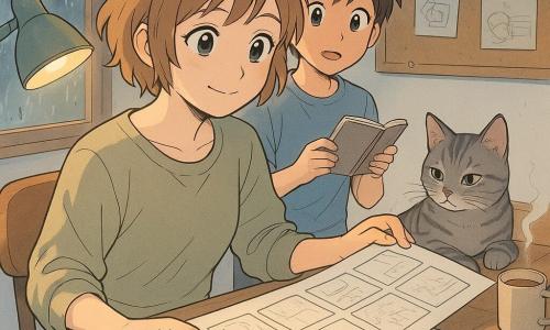 Adult female artist with a round face and large expressive eyes, short messy light brown hair, timid but determined smile, seated at a small wooden desk placing a large paper storyboard into an envelope, confident posture with one hand on a computer mouse; about 12-year-old boy (Jalen), brown hair, lively eyes, curious and admiring expression, standing slightly behind the chair holding an open small notebook and looking at the storyboard as if discovering a treasure; cat named Pepper, gray tabby, paw on a storyboard sheet leaving a visible paw print, lying by a steaming cup of tea; small bright studio by a rainy window, organized clutter of pencils, brush pots, scattered storyboard sheets, corkboard with sketches, visible paper textures and graphite smudges; close three-quarter slightly elevated view focusing on faces and storyboard, warm soft desk-lamp light contrasting with cold rain, pastel palette of soft ochres, blue-grays and mint green, calm post-work atmosphere mixing concentration and relief with crisp graphic details (ink lines, subtle shadows, paw print) to enhance emotion and texture.