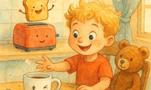 Un niño de 4 años, pelo rubio como nube, mejillas redondas y ojos abiertos, expresión maravillada y traviesa, sonríe suavemente mientras extiende la mano hacia una taza que le guiña; un osito de peluche marrón, blando, sentado en la silla a su derecha y un poco detrás, mira la escena con una pata levantada como si escuchara; una taza blanca con un ojo que parpadea y una cuchara brillante a la izquierda que vibra está sobre la mesa frente al niño; un tostador rojo en el fondo, sobre la encimera, suelta un pequeño soplo de vapor y un pan tostado sonriente salta en el aire; cocina pequeña y acogedora, paredes color crema, azulejos pastel antiguos, mesa de madera clara con migas que parecen formar pequeñas olas, luz suave de la mañana entrando por una ventana con cortina de estrellas; escena principal: un desayuno mágico y divertido donde los objetos de cocina cobran vida, ambiente cálido, colores pasteles saturados, texturas de acuarela y salpicaduras juguetonas.