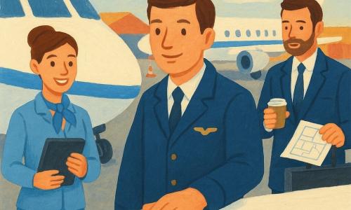 Um piloto na casa dos 30 anos, rosto doux e concentrado, cabelo castanho curto, veste jaqueta de piloto azul-marinho com crachá, apoia a mão direita na fuselagem branca do avião em gesto de saudação, expressão tranquila; ao seu lado esquerdo está Joana, com ~30 anos, cabelo castanho apanhado em coque, uniforme azul-claro, segura uma tablet e sorri; atrás e à direita do piloto está Miguel, cerca de 30 anos, barba rala, camisa branca sob a jaqueta de piloto, segura um copo de café e consulta um plano de voo sobre uma mala; ao fundo, um pequeno avião branco com faixa azul parado numa pista de manhã, solo de asfalto, cones e hangares desfocados sob céu azul-pálido com nuvens; cena de calma antes da decolagem, luz suave da manhã, gestos profissionais e olhares confiantes, composição centrada na mão do piloto e nas expressões da equipe.