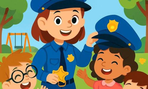 Smiling Officer Lucy stands at the center of the image, wearing a bright blue uniform and a large round hat. Her face radiates pride and kindness, with sparkling eyes and a wide smile. She holds a star-shaped badge in one hand and invites the children to try on her hat with the other. Surrounding her are several children: a 7-year-old girl with curly hair in a pink dress, wearing the police hat with a big smile; a 6-year-old boy with glasses and a yellow t-shirt, raising his hand while laughing; and an 8-year-old boy with brown hair, clapping enthusiastically. The scene takes place in a sunny park, with lush green trees, colorful flowers, and swings in the background. The sky is blue with a few fluffy white clouds. Officer Lucy explains the importance of safety to the children while playing a fun game where they guess what is safe or dangerous. The children are engaged and laughing joyfully, creating an atmosphere of camaraderie and learning.