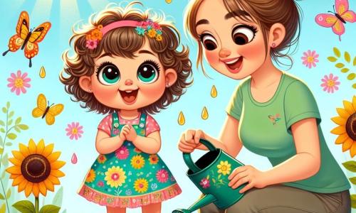 A 2-year-old girl with big bright eyes and curly hair is joyfully smiling while planting sunflower seeds in the garden. She wears a colorful dress with flower patterns and rubber boots. Next to her, her mom, a woman around 30 with long hair tied in a bun, is wearing a green t-shirt and gardening pants, watering the seeds with a watering can. The garden is filled with colorful flowers, butterflies flying, and a bright blue sky. Sun rays illuminate the scene, creating a joyful and spring-like atmosphere. The little girl is digging holes in the soil with a small shovel while her mom lovingly and patiently shows her how to plant the seeds.