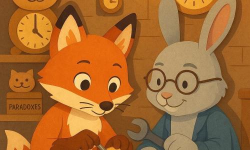 A young curious fox with warm reddish fur and a white chest, bright round eyes and fine whiskers concentrates as he uses a tiny screwdriver to tighten a screw on a miniature clock; beside him Hoptime, an elderly benevolent hare with pearly gray fur, round metal glasses and a calm smile, crouches adjusting a gear with large pliers while looking proudly at the fox; in the left background a small shelf of toy-objects — a smiling cat-shaped clock and a chest labeled Paradoxes — sits lit like silent friends; the scene is a warm workshop with hanging clocks, light wooden shelves, brass and copper highlights, soft yellow round bulbs, colored papers and tools, and textured cardboard-like walls; the fox and hare repair the clock together with precise, companionable gestures, the composition centered on their hands and the clock, in a warm ochre, red and soft blue palette with sharp shadows in a paper-cut style.