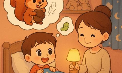 A joyful, wide-eyed 4-year-old boy with short brown hair and rosy cheeks sits semi-upright in bed clutching a blue polka-dot blanket; his mother, with chestnut hair in a bun and a gentle smile, sits on the bedside holding a small yellow lamp that softly lights the cozy peach-walled room with a wooden shelf of stuffed toys, a knitted blanket, a purple star rug and a moon-and-cloud curtain; in thought bubbles above the boy appears Sammy the cartoon squirrel—small, round, bright red fur, mischievous eyes—holding a “big” acorn that is actually a shiny pebble, and another bubble shows a fluffy white feather and a small wiggling green worm drawn playfully and non-disturbingly; warm, dim light and soft shadows create a calm, comforting atmosphere as the boy mimics Sammy and his silly acorns while his mother listens tenderly.