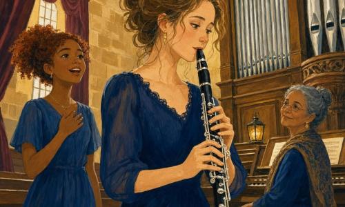 A soft-faced, focused young woman with light chestnut hair in a loose bun, bright calm eyes, holding a shiny black clarinet against her navy dress and playing a small solo; Maya, about 16, with curly red hair and a bright smile, stands slightly behind and to the left singing softly with a hand on her heart; Mrs. Bell, an elderly woman with gray hair in a bun and thin glasses, sits near a large carved wooden organ with a small lantern on the music stand, watching kindly. Setting: a large old music hall with warm stone walls, wooden benches, heavy burgundy curtains and silver organ pipes rising to a pale painted ceiling; soft gouache-like light and visible brush textures. Main moment: an intimate instant before the festival—the soloist plays a tender tune center stage as others and the organ listen, warm reassuring mood, palette of deep blues, warm ochres and touches of gold.