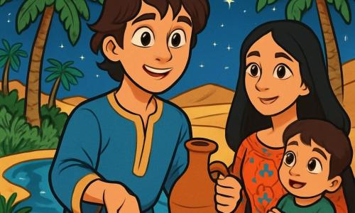 A young man named Tariq, about 18 years old, stands at the center of the image with sparkling eyes of curiosity and a warm, wide smile. He wears a lightweight tunic in shades of blue and gold, and his slightly wavy brown hair adds to his charm. Tariq is extending a friendly hand toward a group of lost travelers, offering them water with a generous expression. Next to him, a woman around 30, with long black hair and dressed in a colorful floral-patterned dress, looks at Tariq with admiration. She holds a small child in her arms, a 5-year-old boy with bright eyes, who gazes at Tariq in wonder. The scene takes place in a magical oasis surrounded by majestic palm trees with vibrant green leaves and crystal-clear water reflecting the twinkling stars of the night sky. The golden desert sand stretches endlessly, dotted with gentle dunes. With his generous heart, Tariq shares his water and provisions with the travelers, creating a moment of solidarity and human warmth in the desert. The stars shine brightly above, adding a touch of magic to this unforgettable encounter.