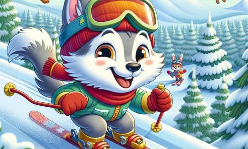 Een kleine wolf genaamd Wout, met een grijze vacht en sprankelende ogen van vreugde, skiën enthousiast op een besneeuwde helling met een grote glimlach op zijn gezicht. Hij draagt een rode helm en skibril, en zijn skies zijn blauw en geel. Naast hem springt zijn beste vriendin, een magische eekhoorn genaamd Pim, met een bruine vacht en een pluizige staart, van blijdschap op een tak, met blije ogen. Pim draagt een klein rood sjaaltje om haar nek en moedigt Wout aan met enthousiaste gebaren. De achtergrond toont een prachtig winterlandschap met met sneeuw bedekte dennenbomen, een heldere blauwe lucht en zacht vallende sneeuwvlokken. In de achtergrond kijken andere bosdieren, zoals konijnen en vogels, bewonderend naar de scène. De belangrijkste situatie laat Wout zien die behendig over de sneeuw glijdt, terwijl Pim hem vanaf de tak aanmoedigt, wat een sfeer van kameraadschap en vreugde creëert.
