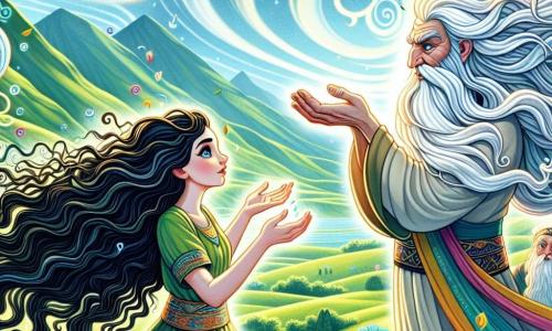 Anara, uma jovem com longos cabelos ondulados da cor de ébano, está no centro de um magnífico vale verdejante. Seu rosto irradia determinação e curiosidade, seus olhos brilhantes refletindo a luz do sol, enquanto ela levanta os braços para o céu, como se chamasse os ventos. Ao seu lado, Enlil, um homem idoso com uma longa barba prateada e roupas flutuantes, se apresenta majestoso. Ele tem uma expressão benevolente e sábia, observando Anara com orgulho enquanto levanta uma mão para fazer dançar as nuvens. O local é um vale encantador, cercado por colinas verdes, com flores coloridas que dançam ao vento. Espirais de névoa leve flutuam ao redor deles, adicionando um toque de magia à atmosfera. A cena principal mostra Anara recebendo o poder do vento de Enlil, enquanto uma suave brisa levanta folhas douradas ao seu redor, criando um espetáculo de luz e movimento.