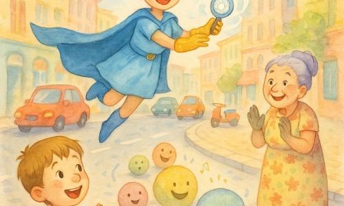 Super Lila, jovem e alegre, cabelo rosa em coques, capa azul-claro e luvas douradas, sorri segurando um pequeno aparelho redondo chamado Risonhômetro que emite ondas luminosas; um menino de cerca de 6 anos com camiseta listrada e um ursinho, olhos maravilhados, está à frente à esquerda aplaudindo; Dona Fifi, mulher idosa com cabelo violeta preso, vestida com flores, está à direita na calçada, surpresa mas sorrindo, olhando pedras; a cena passa numa larga avenida de cidade colorida com prédios em tons pastéis, carros e trotinetes parados, calçadas de pedra e bandeirolas sobre a rua; situação principal: um monte de grandes pedras multicoloridas e brilhantes, algumas com carinhas sorridentes, rola gentilmente para os lados rindo e abre passagem; atmosfera festiva com luz suave do fim da manhã, efeito aquarela e texturas granulosas visíveis.