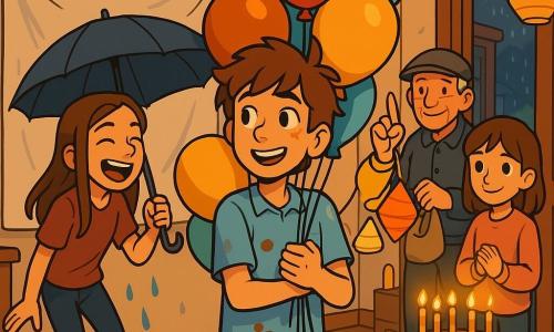 Um menino de 12 anos (cabelos castanhos despenteados, manchas de chocolate na camisa azul-clara) segura um grande buquê de balões multicoloridos, sorrindo emocionado e olhando os amigos; Inês (~12), risonha, cabelos castanhos longos molhados, segura um grande guarda-chuva aberto atrás dele; Diogo (~12), travesso, veste jaqueta amarela e segura cordas de lanternas apontando para o teto; Lara (~12), tímida e sorridente, usa suéter rosa e está junto ao bolo com as mãos juntas; o senhor Rui (cerca de 60 anos), de boné cinza, segura um saco de lanternas ao fundo. Local: sala de apartamento aconchegante transformada em festa, paredes creme com guirlandas, mesa de madeira com bolo de chocolate e doze velas acesas, lençol branco estendido como tela, janelas embaçadas com chuva lá fora. Situação: festa de aniversário na chuva, crianças improvisam cinema de sombras e oferecem balões; ambiente acolhedor com iluminação dourada de lanternas e velas, reflexos molhados no chão, expressões de alegria. Estilo: cartoon 3D em cel‑shading, linhas nítidas, texturas suaves, paleta viva, composição centrada no menino e nos balões.