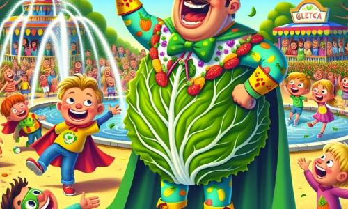 O personagem principal, o Capitão Abobrinha, é um homem com um grande sorriso travesso, vestindo uma capa verde feita de folhas de alface e um traje colorido decorado com padrões de legumes. Ele ri alegremente enquanto mostra uma abobrinha gigante para crianças maravilhadas ao seu redor. Entre os personagens secundários, os Irmãos Bagunça, dois meninos de cerca de 8 e 10 anos, estão fantasiados de super-heróis com capas feitas de toalhas e óculos de sol ridículos. Eles estão malabarizando com abobrinhas, rindo de sua própria desajeitação, um pouco afastados do grupo principal. A cena ocorre em uma charmosa praça ensolarada, cercada por árvores verdes e flores coloridas, com uma grande fonte no centro que espirra alegremente. Crianças brincam ao redor, criando uma atmosfera festiva e alegre. A situação principal mostra o Capitão Abobrinha transformando gelados em abobrinhas, provocando risos e alegria entre as crianças, enquanto os Irmãos Bagunça, divertidos, tentam imitá-lo com suas próprias abobrinhas.