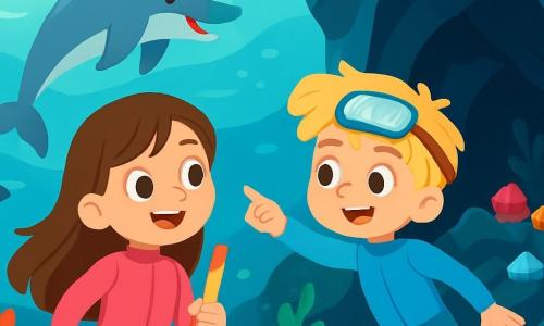 Există două personaje principale: Ana, o fată de 7 ani cu părul lung și brunet și ochi strălucitori, îmbrăcată într-o costum de baie roz și ținând un tub de scufundare în mână, zâmbind, fascinată de frumusețea oceanului, și Matei, un băiat de 7 ani cu părul blond și dezordonat, purtând ochelari de scufundare pe frunte și un costum de baie albastru, care înoată lângă Ana, arătând spre un delfin care sări vesel prin valuri. Acțiunea are loc într-o mare turcoaz minunată, plină de corali colorați și pești multicolori. Razele soarelui pătrund prin apa limpede, iluminând fundul mării și creând o atmosferă magică. Ana și Matei explorează o peșteră subacvatică misterioasă, înconjurați de pietre prețioase strălucitoare, fascinați de formele ciudate ale algelor și sunetele misterioase care răsună în apă, în timp ce un delfin curios îi observă îndeaproape.