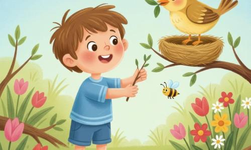 A smiling 4-year-old boy with messy brown hair, wearing a blue shirt and shorts, holds and reaches a small twig toward a nest as a round female bird with yellow-brown plumage perches above holding a leaf; a tiny black-and-yellow striped bee buzzes near flowers to the boy's right; a colorful spring garden of green grass, pink and red tulips, white daisies, low branches and fallen leaves, soft morning light and pale blue sky; warm, centered, intimate joyful scene with visible thick pastel textures, bright colors and rounded contours.