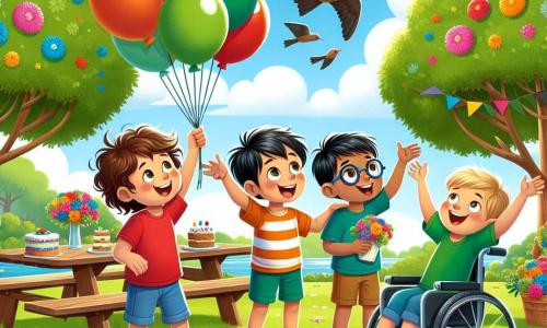 En un parque soleado, cuatro amigos están juntos, rodeados de flores coloridas. A la izquierda, Pablo, un niño de 8 años con cabello castaño desordenado y una camiseta roja, sonríe levantando los brazos como si volara. A su lado, Luis, un niño de 9 años con cabello rubio y gafas redondas, mira emocionado un grupo de globos multicolores. En el centro, Mateo, un niño de 7 años con cabello negro y pantalones cortos azules, señala al cielo, maravillado por los pájaros que se acercan. Finalmente, a la derecha, Tomás, un niño de 6 años en silla de ruedas, con cabello castaño y una camiseta verde, sonríe alegremente, sosteniendo una galleta de chocolate en sus manos. El parque está lleno de vegetación, con grandes árboles de hojas brillantes y un cielo azul salpicado de nubes blancas. Una mesa de picnic decorada con flores coloridas y pasteles está en el centro, añadiendo un toque festivo al ambiente. Los niños están liberando cartas atadas a globos que se elevan al cielo, mientras pájaros coloridos vuelan a su alrededor, listos para entregar sus mensajes de amor a sus mamás.
