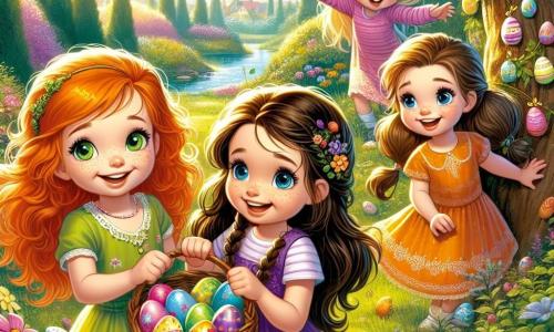 In einem sonnigen Garten sind vier kleine Mädchen versammelt, um Ostereier zu suchen. Mia, ein sechsjähriges Mädchen mit roten Haaren und funkelnden grünen Augen, steht links mit einem Lächeln und hält einen kleinen Korb voller bunter Eier. Emma, ebenfalls sechs Jahre alt, hat lange geflochtene blonde Haare und blaue Augen. Sie steht in der Mitte und zeigt auf ein Ei, das hinter einem großen Baum versteckt ist. Leni, ein weiteres sechsjähriges Mädchen mit braunen Haaren und Sommersprossen, hockt rechts und hebt ein glänzendes Ei aus dem Gras auf. Sophie, das letzte Mädchen, hat braune Haare und braune Augen. Sie steht etwas weiter hinten, hüpft vor Freude mit einem großen Lächeln und hält die kleine goldene Glocke. Der Garten ist voller bunter Blumen, großer grüner Bäume und eines kleinen, im Sonnenlicht glitzernden Teiches. Überall sind Ostereier in lebhaften Farben verstreut, versteckt hinter Büschen und unter den Blumen. Die vier Freundinnen lachen und haben Spaß, während sie Eier suchen und die Überraschungen entdecken, die der Garten für sie bereithält. Es ist ein Moment voller Freude und Freundschaft, voller Magie und Farben.