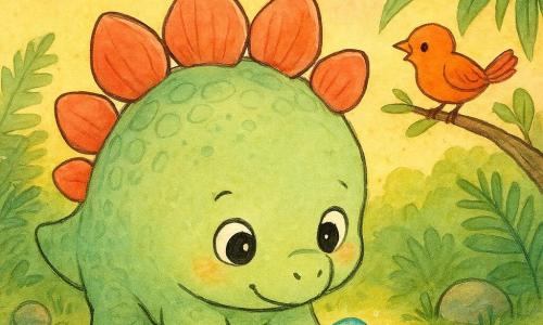 Ein kleiner, runder Stegosaurus mit blassgrünen Schuppen und korallenrosa Rückenplatten blickt mit großen, glänzenden Augen neugierig auf den Boden und hält lächelnd einen funkelnden Kiesel zwischen seinen Vorderbeinen; ein winziger Sternenstein in hellblauem, glitzerndem Polierton strahlt einen leichten Heiligenschein aus und schwebt knapp über dem Boden neben ihm, im Hintergrund sitzt rechts ein kleines, orangegefiedertes Vogel-Dinosaurier auf einem niedrigen Ast und zwitschert; die Szene spielt in einer sonnigen, prähistorischen Lichtung mit strukturierten grünen Farnen, Palmenblättern, einigen runden Felsen und einem gelb-rosa Verlaufshimmel, Morgenstimmung, sanft und sicher, zentrierte Komposition, kräftige Farben und klare Konturen für Kinder.