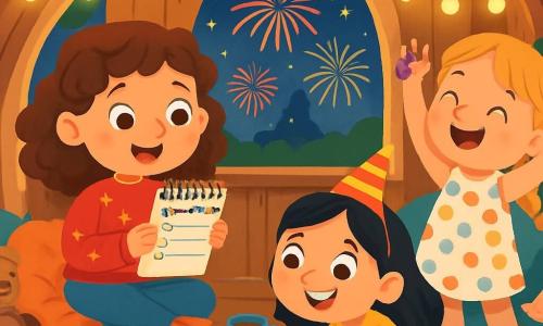 Hay 3 personajes: - Marina: una niña de 8 años con cabello castaño y rizado, lleva un suéter rojo con estrellas doradas. Está sentada en un cojín suave, sonriendo y sosteniendo una libreta de resoluciones. - Valentina: una niña de 8 años con cabello rubio trenzado, vestida con un vestido de lunares de colores. Está de pie, con los brazos levantados riendo, con una uva en la mano. - Lucía: una niña de 8 años con cabello negro y liso, lleva un gorro de fiesta con pompón. Está agachada, tratando de recoger una uva que rodó, con una gran sonrisa en el rostro. El lugar es una encantadora casa en un árbol, decorada con guirnaldas luminosas y cojines de colores. Dentro, hay peluches esparcidos alrededor de una pequeña mesa de madera, donde hay vasos de chocolate caliente y platos de pasteles en forma de estrellas. Fuera, el cielo está iluminado por fuegos artificiales multicolores que estallan en la noche estrellada. La situación principal muestra a las tres amigas celebrando el Año Nuevo, riendo y compartiendo sus resoluciones mientras intentan comer uvas al ritmo de las doce campanadas de medianoche.