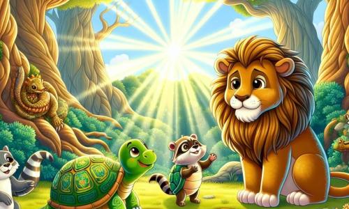 Un majestuoso león llamado Leo, con una hermosa melena dorada y ojos brillantes de amabilidad, se encuentra en el centro de la escena, mostrando una expresión de determinación y benevolencia. A su lado, una tortuga llamada Tina, con un caparazón verde adornado de patrones, mira a Leo con admiración, mientras que un pequeño mapache llamado Riki, con ojos chispeantes y pelaje gris, levanta una pata en señal de aliento. Al fondo, un gran dragón de escamas doradas, con una mirada triste pero llena de esperanza, está listo para ayudarles. La escena transcurre en un claro soleado de la Selva Maravillosa, rodeado de árboles gigantes y flores coloridas que bailan al viento. En el centro, una fuente mágica brilla, casi seca, mientras los rayos de sol filtran a través de las hojas, creando un ambiente cálido y acogedor. Leo, junto a sus amigos, se prepara para salvar la fuente uniendo sus fuerzas, ilustrando el poder de la amistad y la solidaridad en una aventura mágica.