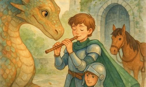 Un joven caballero, Sir Hugo, sonriente y sereno, toca una pequeña flauta de madera junto a la entrada del castillo; lleva una armadura ligera brillante con reflejos azules y el yelmo al hombro, una capa verde que ondea, rostro juvenil de unos 16 años, ojos marrones, leves pecas y postura confiada pero calmada; un enorme dragón de escamas irisadas cobre y verde, de ojos suaves y curiosos, se arrodilla escuchando la música; a la derecha, detrás del caballero, un caballo alazán llamado Brinco, fiel y ensillado, relajado con las orejas hacia adelante; al fondo, la pesada puerta de piedra del castillo de los Vientos, una torre alta con banderas, enredaderas y musgo en los muros; suelo empedrado con algunas flores silvestres y hojas arrastradas por el viento; ambiente de luz cálida vespertina, tonos acuarela suaves y atmósfera de paz y amistad mágica.