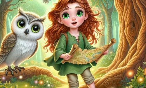 Elara, an 11-year-old girl, stands at the center of the image with auburn hair blowing in the wind and sparkling emerald eyes filled with excitement. She wears a green linen tunic and canvas pants, her face expressing joyful determination as she holds an ancient map, ready to uncover the secrets of the enchanted forest. Beside her, Orion, a wise owl with silver feathers, perches on a low branch of a majestic tree. His large round eyes shine with a friendly glow, seemingly watching Elara with kindness, ready to offer guidance for her quest. The setting is a magical forest with gnarled tree trunks and shimmering leaves, bathed in golden light filtering through the foliage. Luminescent flowers grow on the ground, and fantastical creatures, like butterflies with iridescent wings, flutter around them, adding color to this fairy-tale scene. The main situation shows Elara carefully examining the map, surrounded by the forest's beauty, while Orion explains the first steps of her adventure to find the Whispering Amulet. The atmosphere is filled with a sense of wonder and promise, an invitation to exploration and discovery.