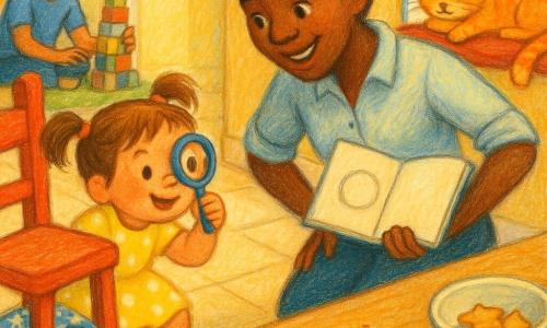 Una bimba di 4 anni, entusiasta e concentrata, con capelli castani a coppie, veste gialla a pois bianchi, è inginocchiata vicino a una sedia rossa e guarda attraverso una piccola lente di plastica blu un piattino scoperto nascosto sotto un fazzoletto stellato; la mamma sorride, capelli castani raccolti in chignon, camicia chiara, piegata verso la bambina con una mano sul fianco e un taccuino aperto con un cerchio tracciato, vicino al tavolo della cucina; il papà è seduto sul tappeto del salotto sullo sfondo, capelli corti e t-shirt blu, costruisce una torre di blocchi e osserva ridendo; il gatto arancione a strisce Milo è disteso su un cuscino vicino alla finestra con gli occhi socchiusi; cucina soleggiata con piastrelle beige, tavolo in legno chiaro, una ciotola bianca con due biscotti a stella e briciole, una sottile traccia di marmellata rossa sul piano di lavoro e una macchiolina rossa sulla maniglia del frigorifero; scena calda e tranquilla di una piccola detective che scopre un biscotto nascosto, colori tenui e texture pastello, espressioni benevole.