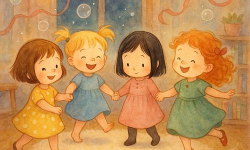 Quattro bambine di circa 3 anni: una bruna con capelli corti e vestito giallo a pois bianchi a sinistra che fa un piccolo passo di danza sorridendo tenendo la mano della vicina; una bionda con capelli in codini e vestito blu che ride sollevando un piedino; una mora con capelli lisci e vestito rosa, timida, al centro-destra che inclina la testa e tiene le mani delle altre; una rossa con capelli ricci e vestito verde con un nastro rosso a destra che fa un piccolo giro sorridendo; ambiente: salotto caldo di notte con parquet chiaro, grande tappeto crema, lanterne di carta appese, ghirlande dorate, scaffale con libri e una tazza di cioccolata su un tavolino, finestra scura che riflette le luci; situazione: le quattro danzano in cerchio al centro del tappeto tenendosi per mano, bolle di sapone luminose come stelle e un papà fuori campo che soffia una bolla visibile, nastri colorati e una sciarpa rossa che fluttuano; atmosfera di dolce gioia, movimenti semplici e arrotondati, colori caldi in stile acquerello con riflessi bianchi sulle bolle e sui lampi di luce.