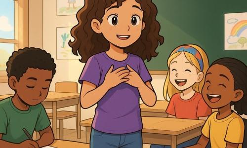 Ein 12-jähriges Mädchen, Lena, mit schönen braunen Locken und funkelnden Augen, steht im Mittelpunkt eines hellen Klassenraums. Sie trägt ein lila T-Shirt und eine Jeans, ein leichtes Lächeln auf ihrem Gesicht verrät ihre Mischung aus Aufregung und Nervosität. Rechts von ihr sitzt Jamal, ein 12-jähriger Junge mit schwarzen, lockigen Haaren, konzentriert an einem Superhelden-Zeichnung auf einem Blatt Papier. Links von ihr trägt Sophie, ein 12-jähriges Mädchen mit blonden Haaren und blauen Augen, einen bunten Schal und lacht fröhlich mit Kim, einem 12-jährigen Mädchen mit karamellfarbener Haut, das im Rollstuhl sitzt. Kim lächelt breit, ihre Augen strahlen vor Freude. Der Klassenraum ist mit Kinderzeichnungen an den Wänden dekoriert, mit Fenstern, die Sonnenlicht hereinlassen und die Gesichter der Kinder erhellen. Holztische sind in Reihen angeordnet, und eine Tafel befindet sich vorne im Raum. Die Hauptsituation zeigt Lena, die etwas schüchtern ihre Liebe zu Tieren vor ihren Klassenkameraden teilt, während alle aufmerksam zuhören und eine Atmosphäre von Neugier und Toleranz schaffen.