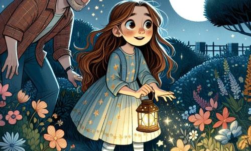 Uma menina de 12 anos, chamada Luísa, está no meio de um jardim noturno, com os olhos arregalados de admiração e curiosidade. Ela tem longos cabelos castanhos, um vestido leve com estampas de estrelas e segura uma pequena lanterna que ilumina seu rosto com uma suave luz dourada. Ao lado dela, seu pai, um homem na casa dos quarenta anos, sorridente e tranquilizador, usa uma camisa xadrez e jeans. Ele se inclina levemente para Luísa, encorajando-a a explorar a noite. O jardim está cheio de flores coloridas, mas à noite tem uma atmosfera mágica. A lua brilha alto no céu, projetando sombras suaves e reflexos prateados na grama. Estrelas cintilam, criando um céu estrelado encantador. A cena principal mostra Luísa e seu pai explorando o jardim sob a luz da lanterna, descobrindo juntos a beleza da noite, enquanto um pequeno ursinho curioso se esgueira entre as flores, adicionando um toque de magia ao momento.