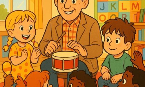 A kind smiling male teacher with short gray hair, wearing a beige wool jacket and plaid shirt, holds a small red drum and taps the rhythm; Emma, about 6, with blonde pigtails in a yellow polka-dot dress, claps joyfully to the teacher’s right with a focused, wide smile; Sam, about 6, with messy brown hair and a green t‑shirt, sits to the teacher’s left timidly tapping his knees and brightening up; 3–4 other children sit in a circle in colorful clothes, some with maracas and a triangle, hands raised in motion; a bright classroom with large sunlit windows, colorful alphabet posters, wooden shelves full of books and a red rug at the center; a warm, dynamic morning musical scene of the teacher leading a small children’s orchestra of clapping and instruments.