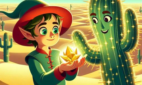 No centro da imagem, um duende chamado Léo, um garoto com orelhas pontudas e olhos brilhantes como esmeraldas, se apresenta com um ar determinado. Ele usa um pequeno chapéu vermelho e uma túnica verde, segurando uma pedra mágica luminosa que ilumina seu rosto com uma suave luz dourada. Ao seu lado, um cacto gigante e sábio, com espinhos cintilantes, se inclina levemente em direção a Léo, como se lhe oferecesse conselhos, com uma expressão benevolente. Ao fundo, o deserto se estende a perder de vista, com dunas douradas sob um céu azul radiante, e miragens dançam no horizonte, criando uma atmosfera mágica e misteriosa. O sol brilha intensamente, projetando sombras suaves no solo. A cena principal mostra Léo, o duende, descobrindo a pedra mágica em uma caverna secreta, cercado pela beleza do deserto, pronto para restaurar o equilíbrio de sua amada oásis.