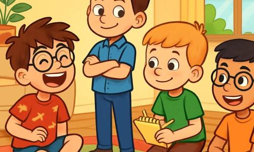 Há 4 crianças: - Rafa: um menino de 8 anos, com cabelo castanho bagunçado e óculos redondos. Ele usa uma camiseta vermelha com estampas de dinossauros e um short azul. Ele está sentado no tapete, rindo com entusiasmo. - Rui: um menino de 8 anos, idêntico a Rafa, mas com cabelo bem penteado para trás. Ele usa uma camisa azul e calças bem ajustadas. Ele está de pé ao lado de Rafa, com os braços cruzados e um sorriso travesso. - Tomás: um menino de 8 anos, com cabelo loiro e sardas. Ele usa uma camiseta verde e shorts. Ele está agachado perto dos gêmeos, segurando um caderno e um lápis, pronto para anotar suas aventuras. - Miguel: um menino de 8 anos, com cabelo preto e óculos. Ele usa uma camiseta laranja e jeans. Ele está sentado no tapete, com as pernas cruzadas, observando a cena com um grande sorriso. O local é a sala de estar de uma casa aconchegante, com paredes pintadas de amarelo claro. O tapete é colorido, cheio de brinquedos espalhados, e uma grande janela deixa entrar a luz do sol, iluminando o ambiente. A situação principal mostra as crianças planejando uma brincadeira divertida, com Rafa e Rui se olhando com sorrisos cúmplices, enquanto Tomás e Miguel tomam notas, cercados de brinquedos e livros, criando uma atmosfera alegre e cheia de energia.