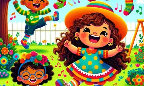 A 4-year-old girl with pretty brown curls and a big joyful smile wears a colorful polka dot dress and mismatched red socks. She dances in the garden, arms raised, full of energy and happiness. Next to her, a 5-year-old boy with an oversized hat and a bright smile holds a dinosaur sock, laughing heartily. Another character, a 4-year-old girl with round glasses and rainbow shoes, shakes her jingle socks, adding a musical touch to the scene. The sunny garden is filled with colorful flowers, a large leafy tree, and a wooden swing. In the center, the three friends participate in a silly sock parade, singing and dancing together, surrounded by laughter and joy.