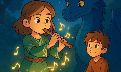 Maelin, a brave young girl with light brown hair and sparkling eyes, plays her flute with determination. She wears a green tunic adorned with silver patterns and stands on a rock, surrounded by a gentle magical glow. Beside her, Rowan, a boy her age with tousled hair and a kind smile, listens attentively while sitting on a fallen tree trunk. In the background, Elthra, a majestic drake with sapphire blue scales, watches the scene with eyes shining with wisdom. The scene takes place in an enchanted clearing, bathed in the silvery moonlight, with trees having shimmering leaves and a starry sky. The main situation shows Maelin infusing magic into the air with her music, while luminous notes float around her, illuminating the night.
