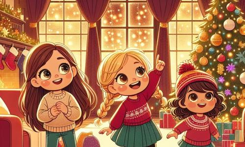 Three little girls are gathered in a warm and festive living room. Lily, a 7-year-old with long brown hair and sparkling eyes, stands on the left with her arms raised in joy in front of a large decorated Christmas tree. Next to her, Mia, 6 years old with braided blonde hair and a red sweater, crouches near the couch, looking curiously at the ground. Finally, Ava, 5 years old with curly hair and a Christmas hat, stands on the right, pointing up with a big smile at the empty spot where the star should be. The cozy room is filled with twinkling lights and Christmas decorations, with the majestic tree shining with colorful ornaments and golden garlands, while Christmas stockings hang from the stone fireplace. The main scene shows the three girls eagerly searching for the missing star for the top of the tree, their faces filled with excitement and determination amid the festive Christmas atmosphere.
