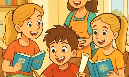 Un ragazzo di 10 anni, di nome Tommaso, con capelli castani disordinati e occhi pieni di curiosità, è seduto a un tavolo di legno, circondato da libri colorati sulle culture del mondo. Sorride entusiasta, tenendo un rotolo di carta in una mano e una matita nell'altra, pronto a disegnare le sue scoperte. Accanto a lui, sua sorella Bianca, di 12 anni, ha lunghi capelli biondi legati in una coda di cavallo. Guarda Tommaso con un sorriso complice, tenendo un libro aperto sulle tradizioni svedesi, seduta su una sedia di legno rustico. La loro mamma, una donna di circa trent'anni con capelli castani e occhiali, è in piedi accanto al tavolo, mentre prepara ingredienti per una ricetta di sushi, con un'espressione gioiosa e coinvolgente. La scena si svolge in una cucina luminosa, con pareti dipinte di giallo pastello, scaffali pieni di libri di cucina e finestre aperte che lasciano entrare la luce del sole. Sulla tavola, ingredienti colorati per il sushi sono sparsi, creando un'atmosfera calda e accogliente. Tommaso e la sua famiglia stanno pianificando una serata a tema giapponese, circondati da risate ed entusiasmo, pronti a scoprire insieme nuove culture mentre condividono momenti preziosi.