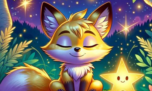 A small golden-furred fox named Felix, with bright curious eyes and a calm smile, sits on a bed of green moss, breathing deeply under a starry sky. He closes his eyes, his face radiating serenity, while sparkling fireflies dance around him, creating a magical atmosphere. Beside him, a soft, glowing star with a delicate shape and golden glimmers hovers gently above, emitting a warm and comforting light. It smiles tenderly, sharing a moment of calm and connection with Felix. The setting is a peaceful clearing surrounded by majestic trees with silver leaves, illuminated by moonlight. Pastel-colored night flowers bloom around them, adding a touch of magic to the environment. The main scene shows Felix meditating, breathing slowly and deeply, as the star's light and the fireflies' sparkle create a dreamy and tranquil ambiance, inviting relaxation and inner peace.