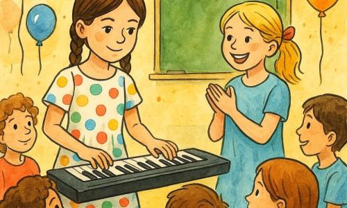Ein 10-jähriges Mädchen namens Mia steht vor einem kleinen elektronischen Keyboard. Sie hat braune Haare in Zöpfen und trägt ein gepunktetes Kleid. Ihr Gesicht zeigt eine sanfte Entschlossenheit und ein leichtes Lächeln. Neben ihr steht Lina, ebenfalls 10 Jahre alt, mit blonden Haaren, die mit einem Band gebunden sind, und ermutigt sie mit einem breiten Lächeln. Sie steht leicht im Hintergrund und applaudiert leise. Die Szene spielt in einem Klassenzimmer, das für eine Feier dekoriert ist, mit bunten Girlanden an der Decke und Luftballons in den Ecken. Im Mittelpunkt steht Mia, die konzentriert und selbstbewusst eine Melodie auf dem Keyboard spielt, während Kinder im Kreis um sie herum aufmerksam zuhören, einige mit staunenden Ausdrücken.