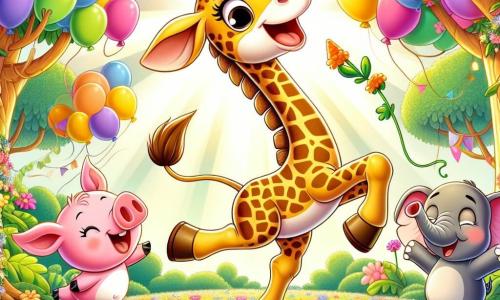 Uma girafa alegre chamada Gigi, com um longo pescoço manchado e grandes olhos brilhantes, dança entusiasticamente no meio de uma festa colorida na floresta. Ela sorri amplamente, suas patas alongadas se elevando graciosamente no ar, cercada por flores vibrantes e balões feitos de folhas. Ao lado dela, um porquinho travesso chamado Pipo, com pelagem rosa e orelhas em pé, salta de alegria segurando uma cenoura com as patas dianteiras. Mais adiante, uma elefanta amigável chamada Tina, com grandes orelhas e pele cinza, despeja água fresca em um balde, sorrindo para seus amigos. A cena acontece em uma floresta mágica, onde as árvores são altas e frondosas, e raios de sol filtram através dos galhos, iluminando o chão coberto de flores multicoloridas. No centro da imagem, Gigi e seus amigos se divertem juntos em um ambiente festivo, com risos e música, celebrando sua amizade em uma festa inesquecível.