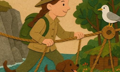 Clara, garota exploradora de cerca de 12 anos, com rosto determinado e leve sorriso de coragem, cabelo castanho em trança, chapéu cáqui, jaqueta bege, mochila verde-oliva, avança passo a passo sobre uma passarela de cordas e tábuas segurando as cordas; um cão pequeno marrom de pelo ondulado a segue, língua de fora e orelhas em alerta; ao fundo um gaivota branca com penas cinzentas empoleirada numa polia observa; cena numa falésia costeira com rochas cinza, ondas azul-esverdeadas, árvores verde-escuro e flores silvestres ao redor de uma cabana de madeira coberta de musgo; a ponte suspensa entre duas árvores gigantes está inclinada e balança sobre o mar, luz dourada do fim de tarde, clima de aventura e descoberta.