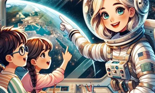 Clara, eine lächelnde Astronautin, steht im Mittelpunkt des Bildes, gekleidet in einen weißen und silbernen Raumanzug mit einem durchsichtigen Helm, der die Sterne reflektiert. Ihre Augen funkeln vor Aufregung, während sie auf die Erde zeigt, die durch das Fenster der Raumstation sichtbar ist. Rechts von ihr sitzt Tim, ein 8-jähriger Junge mit großen Brillen und zerzausten braunen Haaren, mit weit aufgerissenen Augen der Verwunderung, einen kleinen Notizblock und einen Bleistift haltend. Links von ihr hebt Mia, ein 7-jähriges Mädchen mit geflochtenen blonden Haaren, begeistert die Hand, bereit eine Frage zu stellen, ihr Gesicht strahlt Neugier aus. Die Szene spielt sich im Inneren der Internationalen Raumstation ab, mit metallischen Wänden und leuchtenden Kontrollpaneelen. Fenster bieten einen spektakulären Blick auf den Weltraum, übersät mit funkelnden Sternen und einer blauen und grünen Erde darunter. Clara erzählt faszinierende Geschichten über ihre Abenteuer im Weltraum, während die Kinder aufmerksam zuhören, gefesselt von ihren Erzählungen und davon träumen, selbst Astronauten zu werden.