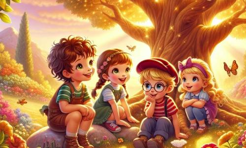 En un hermoso jardín soleado, cuatro niños están reunidos alrededor de un gran árbol con hojas doradas que brillan como estrellas. Lila, una niña de 8 años con largos cabellos castaños y ojos brillantes, está sentada en una pequeña piedra, sonriente y llena de alegría. A su lado, Tomás, un niño de 9 años con gafas y cabello rizado, se inclina hacia el árbol, curioso y atento. María, una niña de 7 años con cabello rubio y trenzas, está de pie con los brazos cruzados, mirando asombrada, mientras Lucas, un niño de 8 años con una gorra roja y una camiseta a rayas, se agacha para escuchar las palabras del misterioso árbol. El jardín está lleno de flores coloridas, mariposas revoloteando y una suave luz dorada que ilumina la escena. Al fondo, se ve una pequeña colina verde, añadiendo belleza al paisaje. Los niños hacen preguntas al gran árbol mágico, que les responde con sabiduría, creando una atmósfera de descubrimiento y asombro.
