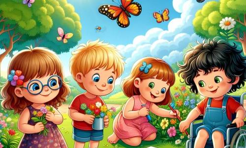 Em um parque ensolarado, cinco crianças brincam juntas. Ana, uma menina de 8 anos com cabelos castanhos e óculos, está colhendo flores coloridas. Ao lado dela, João, um menino de 7 anos com cabelos loiros e uma camiseta vermelha, admira as borboletas que voam ao redor. Maria, uma menina de 9 anos com cabelos cacheados e um vestido rosa, desenha em um grande papel sobre a grama. Tiago, um menino de 6 anos com cabelos negros e um short azul, está sentado ao lado de Maria, desenhando uma grande borboleta. Por fim, Pedro, um menino de 8 anos em cadeira de rodas com cabelos castanhos e um sorriso radiante, desenha um sol brilhante em seu papel. O parque está cheio de flores multicoloridas, grandes árvores verdes e um céu azul brilhante. Os pássaros cantam e as borboletas dançam no ar suave da primavera. As crianças riem e se divertem juntas, compartilhando sua alegria ao desenhar a beleza da natureza ao seu redor.