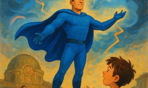 Un supereroe in piedi su un tetto, volto determinato e sorridente, mantello blu che svolazza, braccia verso il cielo a dirigere nuvole e fulmini; un ragazzo di circa 8 anni con capelli castani spettinati, occhi stupefatti, tende la mano dalla strada sottostante mentre passanti e adulti sulla piazza applaudono sollevati con abiti leggermente bagnati; dietro l'eroe si intravede parzialmente un antico cupola climatica in pietra consumata con motivi incisi e una luce morbida che emana dai suoi simboli; il cielo mostra nubi scure che si disperdono in vortici blu e rosa con fulmini deviati in archi luminosi attorno all'eroe, atmosfera coraggiosa e rassicurante, colori caldi in contrasto con il grigio temporalesco e texture di gouache con pennellate espressive.